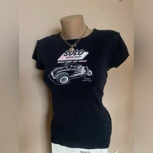 Y2k Black & Pink Baby Tee Retro Car Design Girls Love Hot Rods
